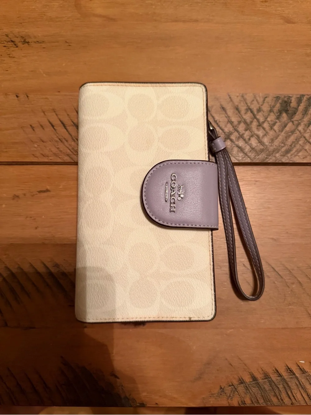 Coach Beige Signature Phone Wristlet with Lavender Strap and Snap